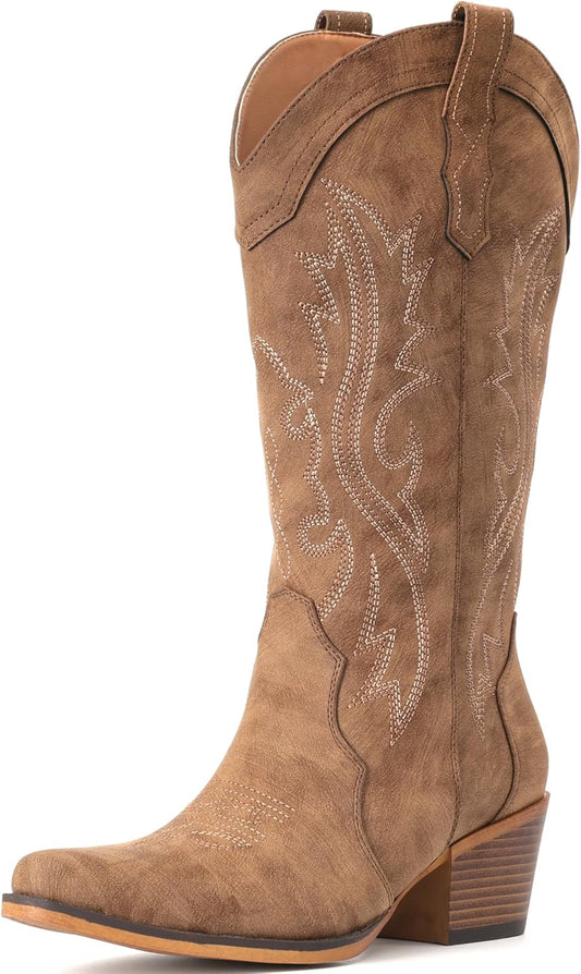 Cowboy Boots for Women Western Cowgirl Boots with Chunky Heel Mid Calf Snip Toe Ideal for Low Insteps