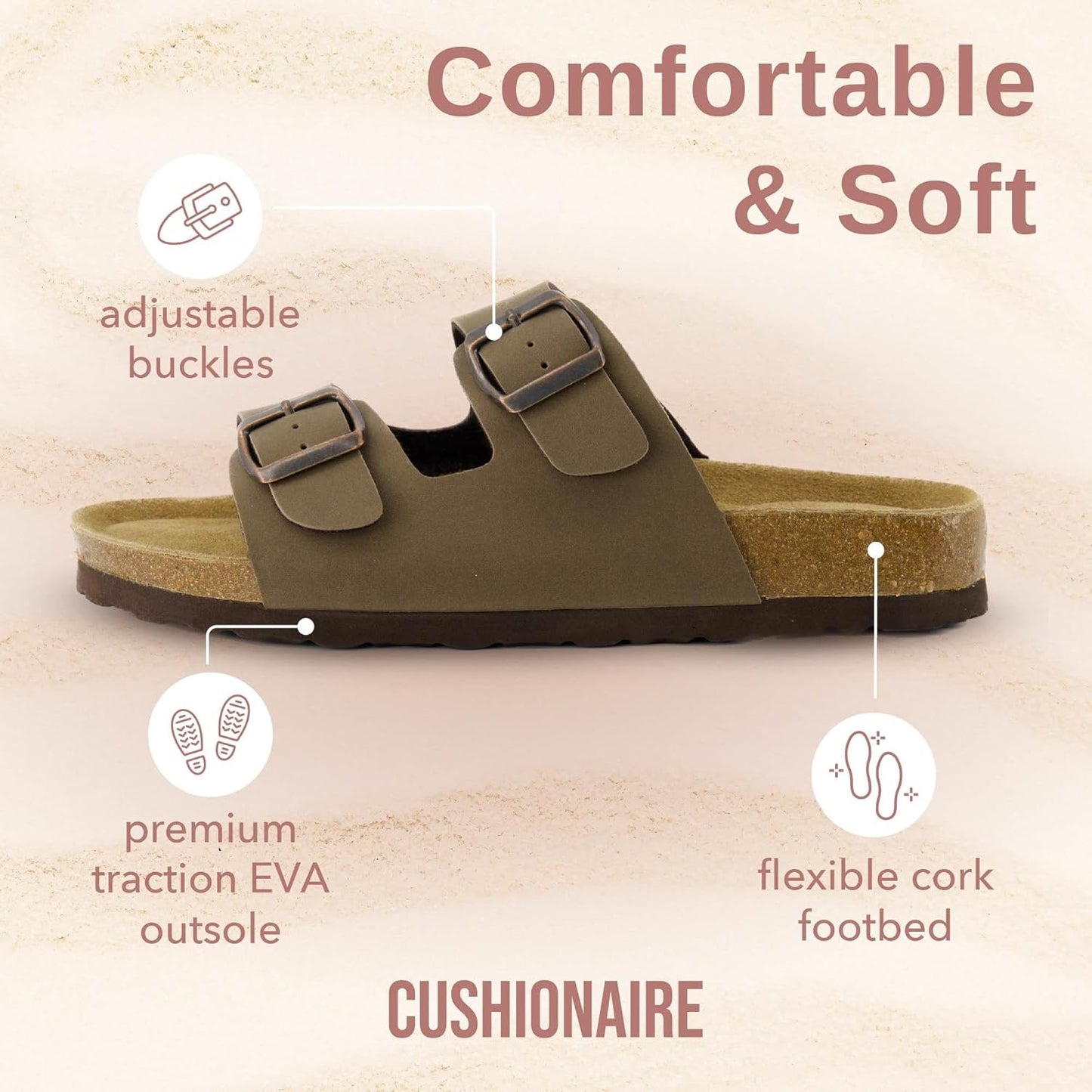 Lane Cork Footbed Sandals for Women – Comfortable Double Buckle Slip-On with Genuine Suede Footbed & Arch Support Slides for Women Footwear